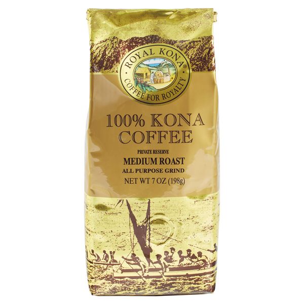 Royal Kona 100% Hawaiian Kona Coffee, Ground, Private Reserve Medium Roast - 7 Ounce Bag