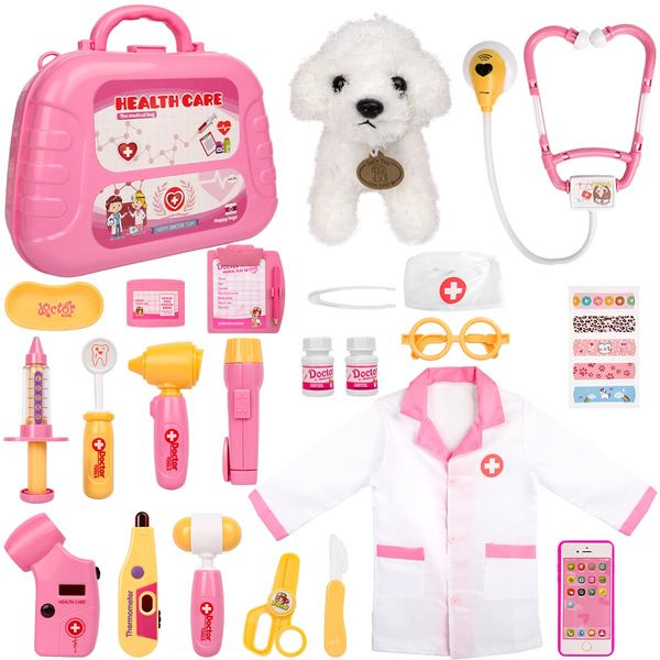 Meland Toy Doctor Kit for Girls - Pretend Play Doctor Set with Carrying Case,Stethoscope Toy & Dress Up Costume - Doctor Play Set for Girls Toddlers Ages 3 4 5 6 Year Old for Role Play Gift