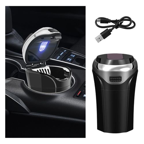 Suvnie Car Ashtray with Lid, Detachable USB Rechargeable Auto Cigarette Lighter with Blue LED Light, Portable Smell Proof Stainless Car Ash Tray, Mini Automotive Trash Can (Silver)
