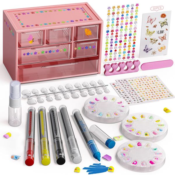 Nail Art Pens Set For Grils, Diy Kids Nail Art Kits With 3D Press-On Nail, Clear Fake Nail Tips, DIY Sticker, Nail Pen for Toddler Home & Salon Toys Gifts,Plastic Organizer