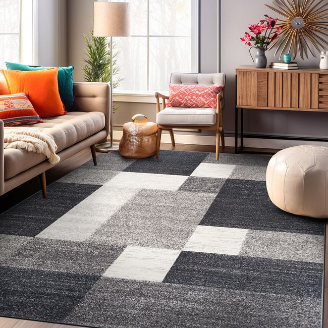 Rugshop Area Rug Modern Boxes Design Non-slip Rugs for Living Room Gray 5x7 Rug