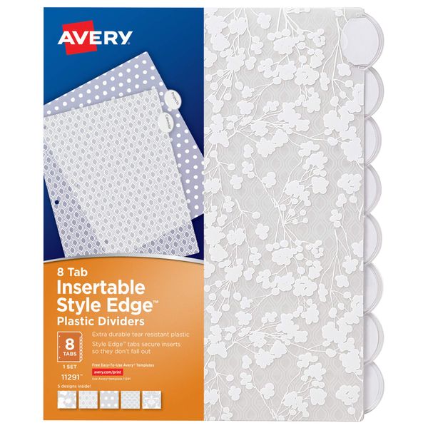 Avery Insertable Style Edge Plastic Dividers for 3 Ring Binders, 8-Tab Set, Assorted White Frosted Designs, 1 Set (11291)