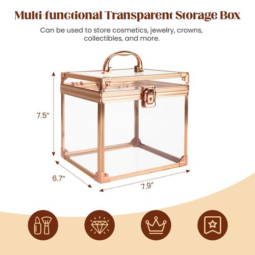 Donghome Crown Box, Clear Makeup Case,Cosmetic Organizer, Large Capacity Transparent Acrylic Artists Display Case for Vanity,Bathroom Counter or Dresser (Rose Gold)