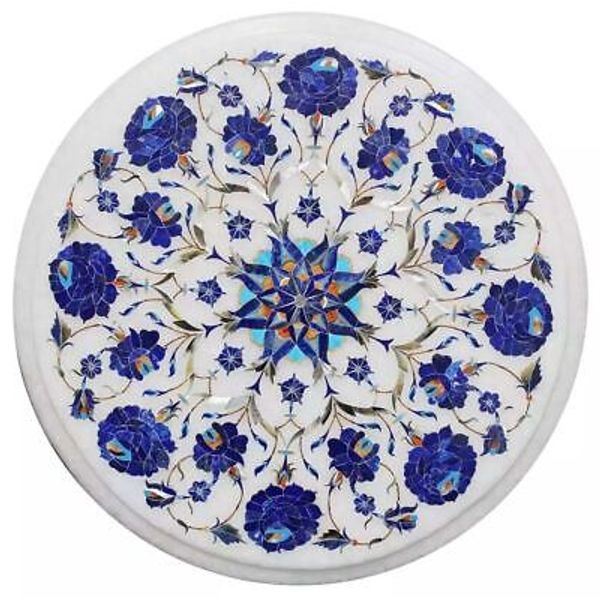 12" Round White Marble Coffee Table Lapis Stone Pietra Dura Handmade Arts Decors