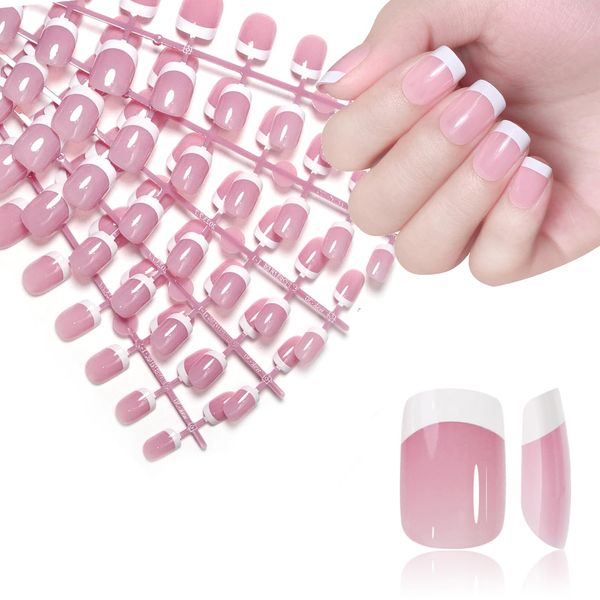 French Tip False Nails - 300PCS Natural French False Nails with Glue - French Press On Nails Short - Nude Color False Nail Glossy Full Cover Glue on Nails Ballerina Nail Art Manicure 15 Size