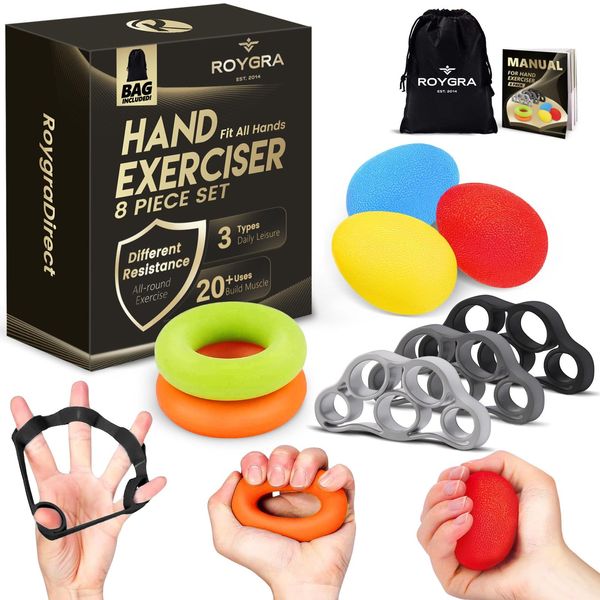 roygra Hand Grip Strengthener, Finger Exerciser, Multiple Resistance Levels Kit - 3 Types, Set of 8