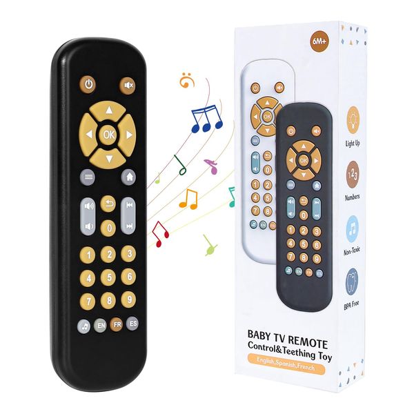 Orzbow Baby Remote Control Toy for 6 Months+ with Music, TV Remote Toy with Realistic Light and Sound - English, French and Spanish for Infant Play Remote Musical Toys, BPA Free, Black