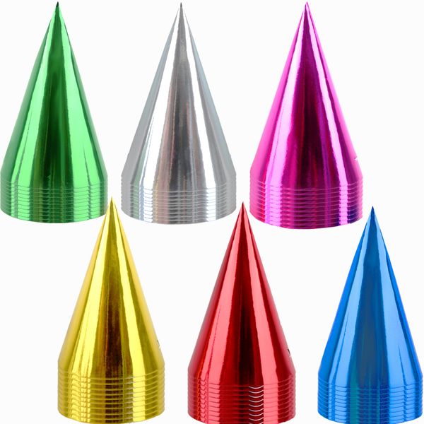Haconba 60 Pieces Paper Cone Party Hats Colorful Metallic Foil Birthday Cone Hats for Kids Adults Birthday New Year Party Supplies, 6 Colors