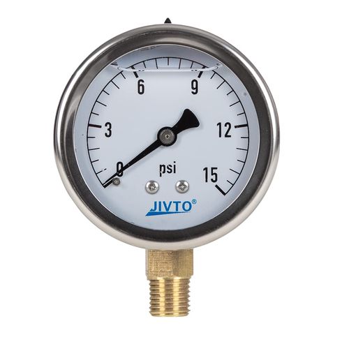 JIVTO Pressure Gauge,Glycerin Liquid Filled,2.5" Dia,0-15 psi(Single Scale),1/4" NPT Brass Connection,Lower Mount, Stainless Steel Case,for Pneumatic,Pump,Hose,Well Tank,Gas Air Water Oil