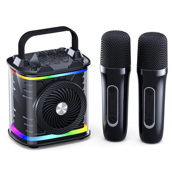 Mini Karaoke Machine for Kids Adults, Portable Bluetooth Speaker with 2 Wireless Microphones, Microphone Speaker Set with LED Lights for Home Party, Birthday Gifts for Boys Girls Kids (Cool Black)