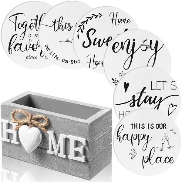 Queekay Housewarming Gifts for Home Decoration Wooden Heart Coasters for Drinks Set of 6 Farmhouse Coasters with Holder Funny for Family Friend Coffee Table Protection, 4 Inch (Gray, White)