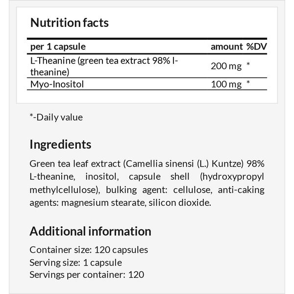 L-Theanine (98% Green Tea Extract) with Myo-Inositol 300 mg | 120 Amino Acid Capsules | 4 Month Supply | Amino Acid Theanine for Concentration, Relaxation and Stress Relief | by Apollo's Hegemony