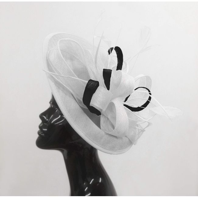 Caprilite White and Black Sinamay Big Disc Saucer Fascinator Hat for Women Weddings Headband