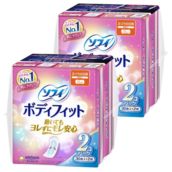 Unicharm Sofy Body Fit Sanitary Pads, For Normal Daytime, No Side Flaps, Length: 8.3 inches (21 cm), Count: 30 Pads x 4 Packs