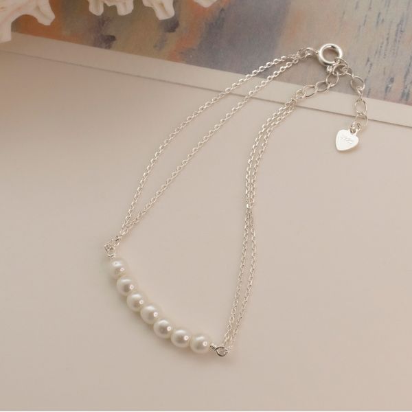 925 silver single pearl side by side two rows chain silver bracelet moody