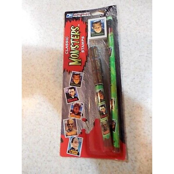 Vintage Universal Monsters Pen Pencil and Eraser Set 1997 USPS Sealed Halloween