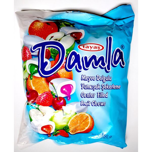 Tayas Damla Soft Chewy Candy Center-filled Fruit Chews, Orange, Strawberry, Sour Cherry, Apple, Peach, Raspberry Family Size 350 Grams, 12.34 Ounces