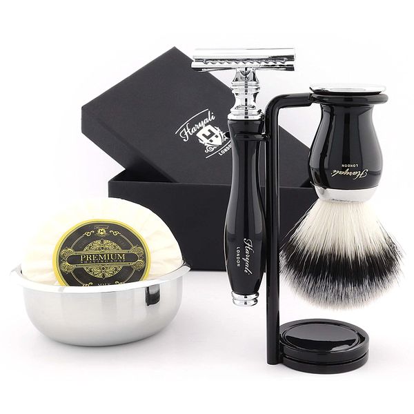 Haryali London Shaving Kit – 5 Pc Shaving Kit – Double Edge Safety Razor - Synthetic Hair Shaving Brush – Shaving Soap – Shaving Bowl – Shaving Stand – Black Color Shaving Set as Gift