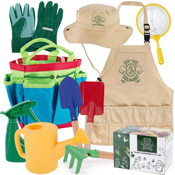 Little Wombats Kids Gardening Tools, 10 Piece Garden/Backyard Tools, Gloves, Apron, Rake, Hat, Shovel, Watering Can, Spray Bottle, Butterfly Net & Tote - Pretend Play for Boys & Girls Age 3-7