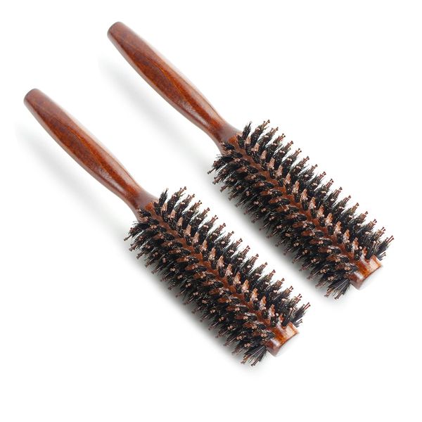 FUGOUDE - 2 Piece Roll Brush, Hairdresser, Blow Brush, Pig Hair, Curling Brush, Men's, Women's, Natural Bristle Brush, Anti-Static, Natural Wood, Straight Pattern, 2 Pieces