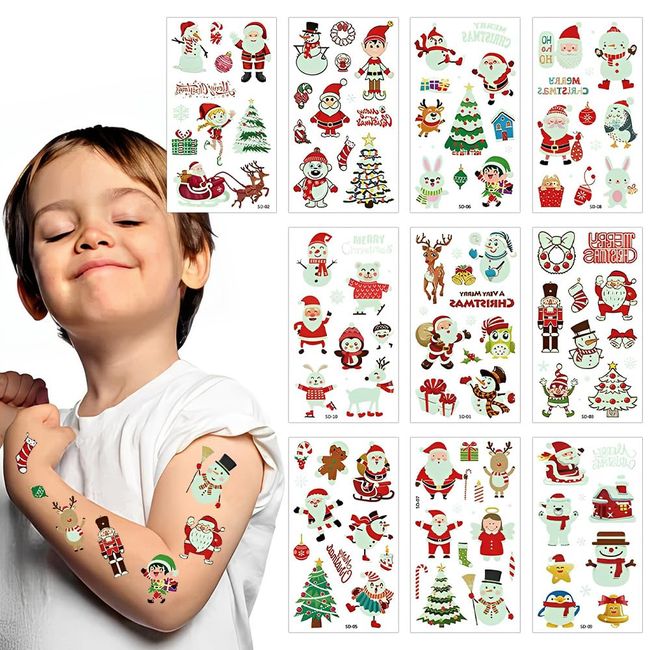 KBNIAN 10 Blätter Weihnachten Tattoos Aufkleber Leuchtende Temporäre Tattoos für Kinder Weihnachten Tattoos Sticker mit Leuchtende Weihnachtsmann Rentier Schneemann Muster für Mädchen Jungen