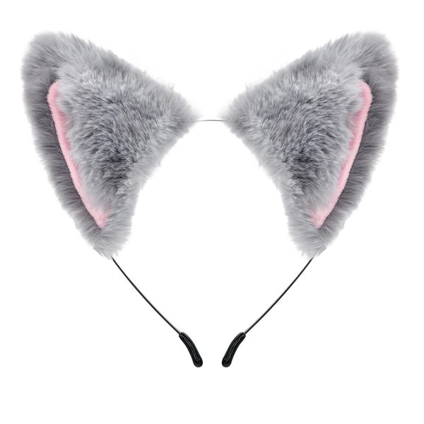 Cat Fox Ears Headband for Women Girls Halloween Cosplay Cat Costume Faux Fur Hair Accessories for Adult Kids (Gray & Pink)