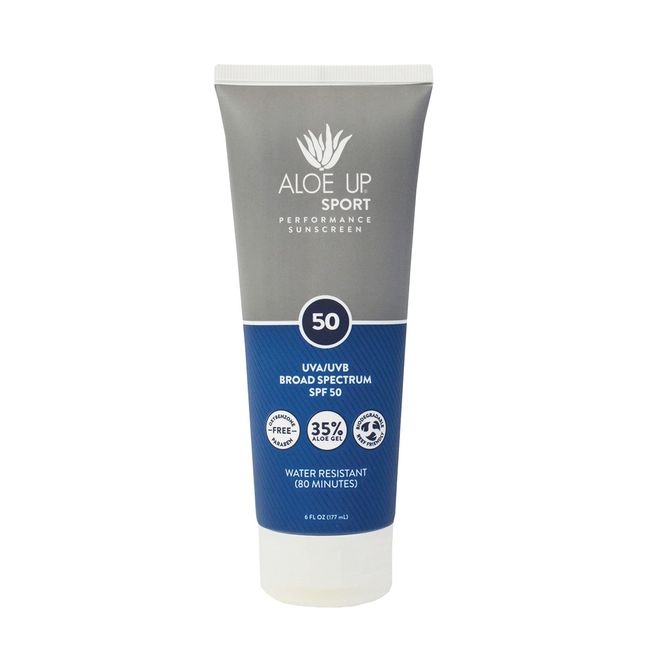 Aloe Up SPF 50 Sport Sunscreen Lotion - Broad Spectrum UVA/UVB High SPF Sunscreen, reef friendly Sunscreen for Body & Face - Waterproof Vacation Sunscreen, Aloe Gel Infused Sunblock Protection - 6 Oz