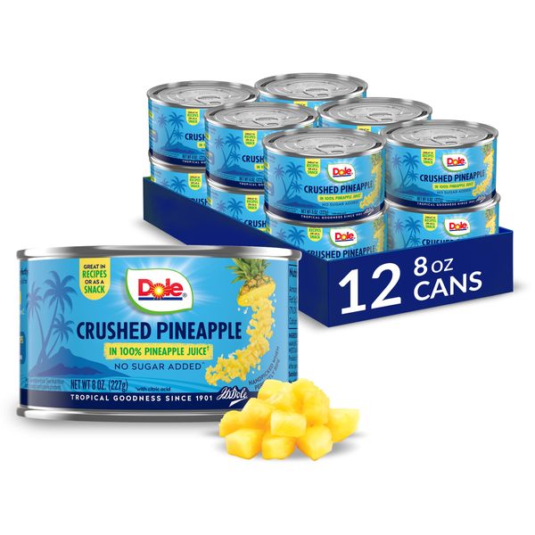 Dole Canned Fruit, Crushed Pineapple in 100% Pineapple Juice, Gluten Free, Pantry Staples, 8 Oz, 12 count, Packaging May Vary