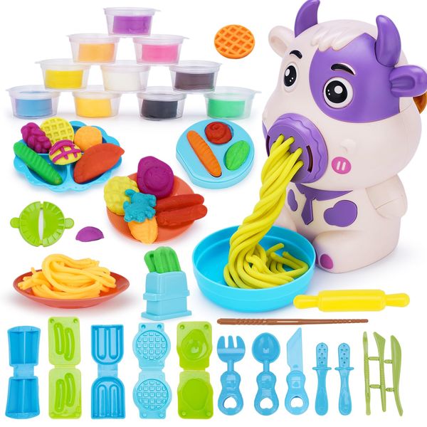 VBACALA 44PCS Cow Noodle Maker Play Color Dough Set, Ice Cream Machine Kitchen Creations Cow Model Clay Playset for Toddler Kids Ages 3-8