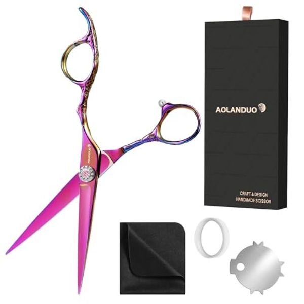 AOLANDUO 6 inch Pink/Neon Hair Cutting Scissors/Barber Scissors High-end AICHI Steel Scissors for Hair Cutting EDGE/OFFSET/SWORD Design for Salon Stylists Hairdressers