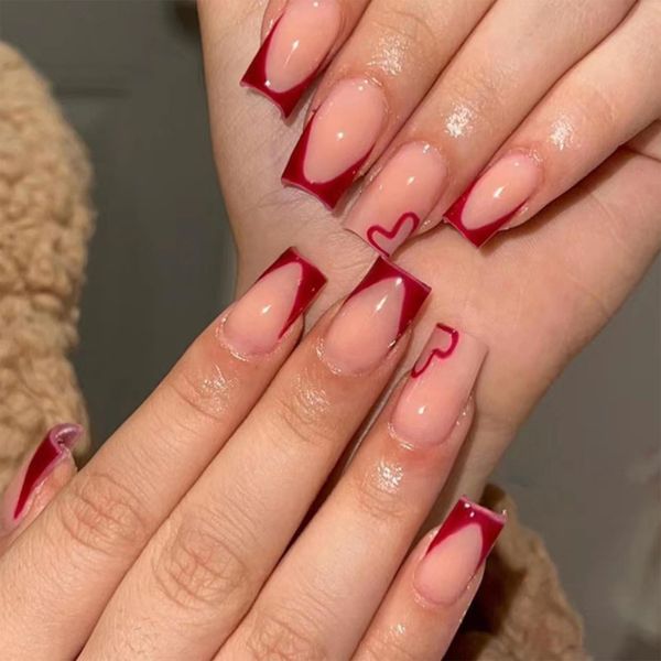 24pcs French Tip False Nails Medium Square Press on Nails Red Heart Fake Nails Nude Pink Stick on Nails Removable Glue-on Nails Full Cover Fake Nails Women Girls Nail Art Accessories