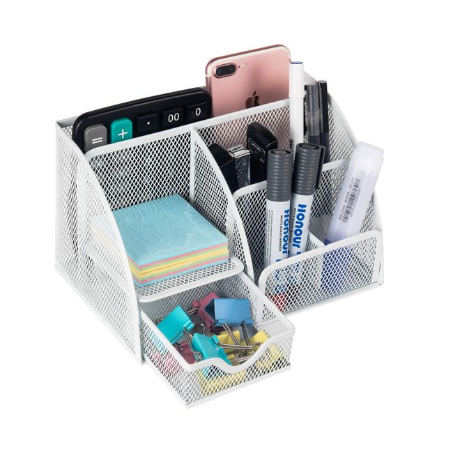 VANRA™ Desk Organizer, Pen Holder, Metal Mesh Pen Stand with Drawer, Pen Case, Multifunction Storage Box, Pencil Case, Trinket Case