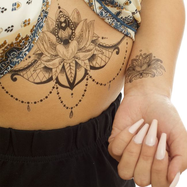 2 x XL Lotus Tattoo - Lotus, Underboob, Kirschböuten - Temporary Haut Tattoo - P66 (2)