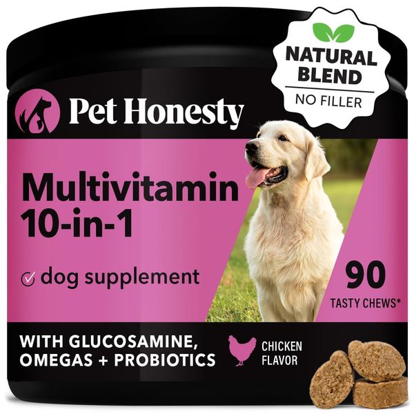 Pet Honesty Multivitamin Dog Supplement, Glucosamine chondroitin for Dogs, Probiotics, Omega Fish Oil, Dog Supplements & Vitamins, Dog Vitamins for Skin and Coat Allergies, (Chicken 90 ct)