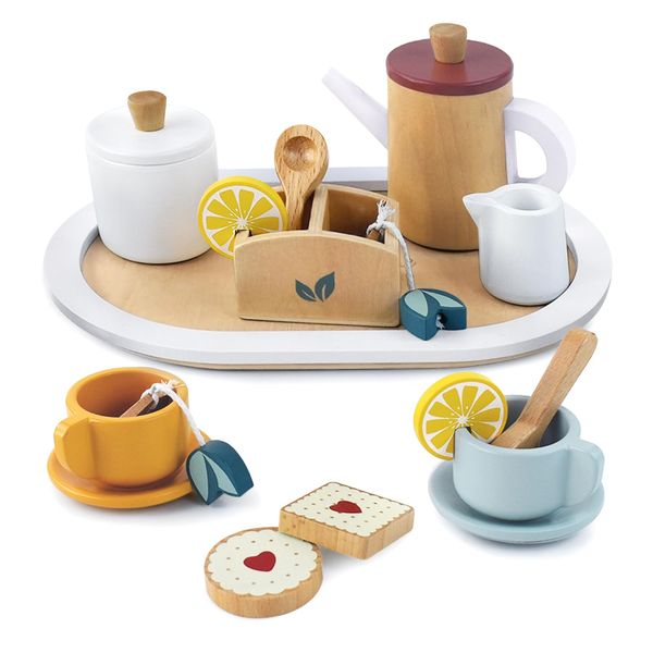 Little Log Wooden Tea Set for Little Girls,Wooden Toy Kids Pretend Play Tea Party Set Children's Kitchen Accessories with Play Food for Girls Boys Toddlers 3 years and up