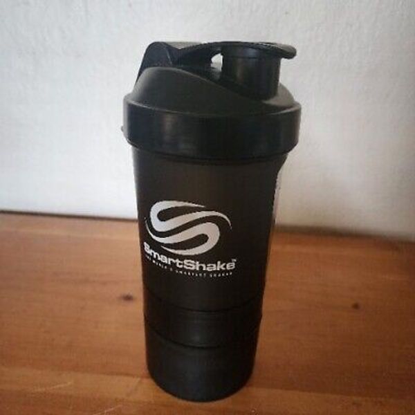 SmartShake 20oz Protein Shaker Cup Gunsmoke Black 3 in 1 Design For Gym Workout