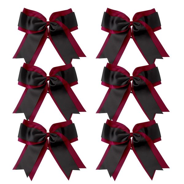 8 Inch 2 Colors 2 Layers 6 Pcs Jumbo Cheerleader Bows Ponytail Holder Cheerleading Bows Hair Elastic Hair Tie for High School College Cheerleading (Maroon/Black)