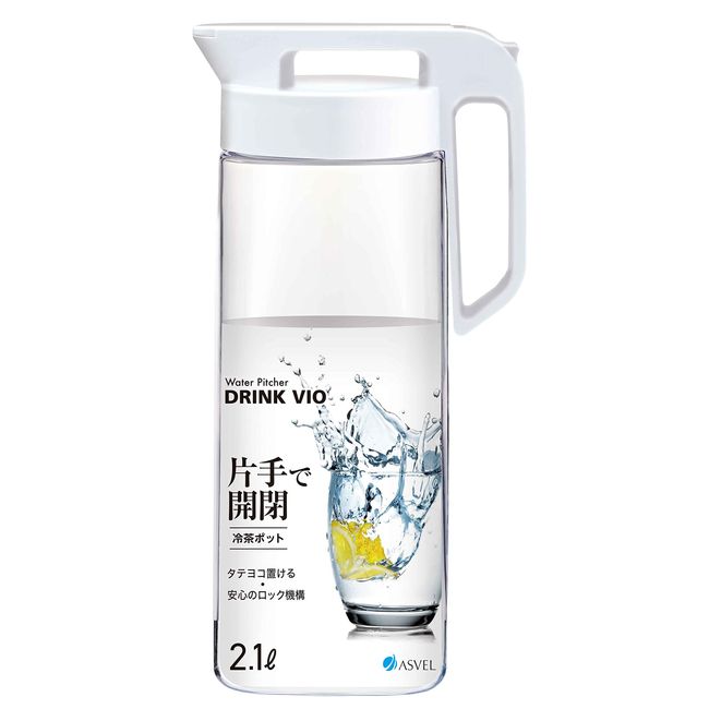 Asvel 2100K Drink Vio Cold Water Pitcher, White, 70.6 fl oz (2,100 ml), One Push, One Hand Lock