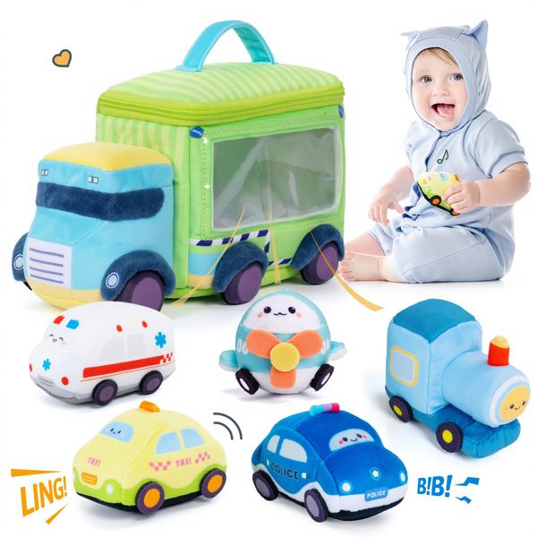 OUOZZZ Baby Boy Toys 6-12 Months - Soft Cars for Toddlers 1-3 - Little Blue Truck Plush Toys for Babies- First Birthday Gifts for Infant - Stuffed Car with Squeaker, Bell Ringing Sensory Toys Playset