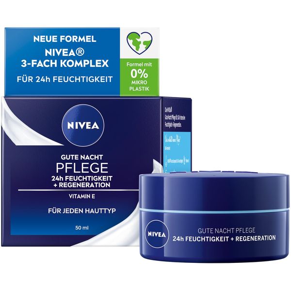 NIVEA Gute Nacht Pflege 24h Feuchtigkeit + Regeneration (50 ml), leichte Nachtpflege für intensive Feuchtigkeit, Nachtcreme mit Vitamin E, Provitamin B5 und Wasserlilienextrakt