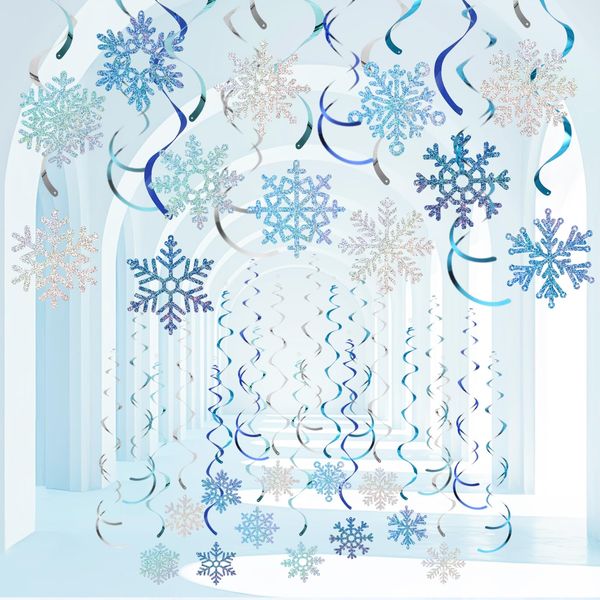 36pcs Glittery Winter Snowflake Hanging Swirl Decoration Christmas Ceiling Streamers Decor Double-Sided Snowflake Swirl for Winter Holiday Birthday Baby Shower Xmas New Year Wedding Party Supplies