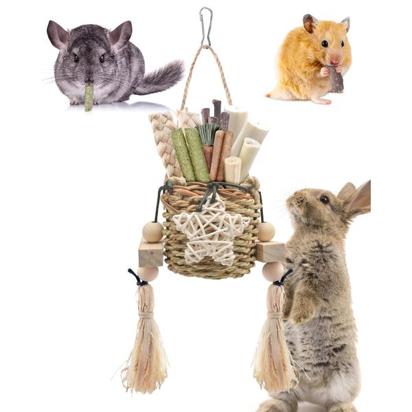 Bissap Bunny Chew Toys, Natural Seagrass Hanging Basket Chews Water Plant Woven Chinchillas Chewing Treats for Rabbit Guinea Pig Chinchilla Hamster Rat and Other Small Pets Teeth Grinding Toy