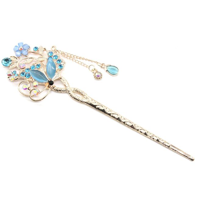 Miaomyao Kanzashi Kanzashi Kanzashi Single Piece Kimono with Tipped Sleeves Hair Ornament, Metal, Pair of Couples, Butterfly, Flowers, Butterflies, Flower Motif, Pink Gold, Hair Accessories (Blue)