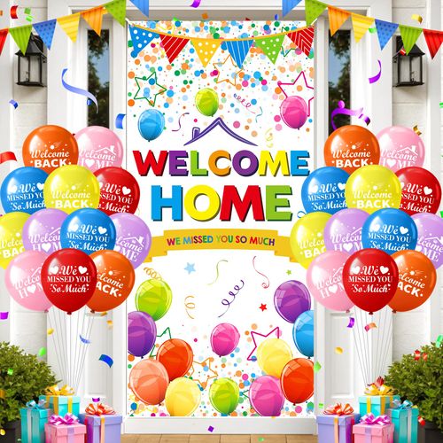 Welcome Home Decorations Colorful Welcome Home Door Banner and Balloons Welcome Home Door Cover 24Pcs Welcome Back Balloons for Homecoming Military Return Housewarming Reunion Family Party Supplies