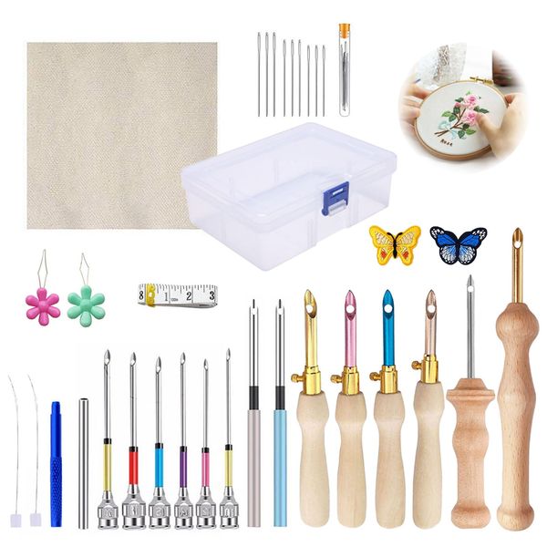 Needle Embroidery Punch Kit, Embroidery Pen with Wooden Handle, Adjustable Punch Needle, Big Eye Needles, Needle Threaders, Cross Stitch Fabric for Beginning Sewing Kit