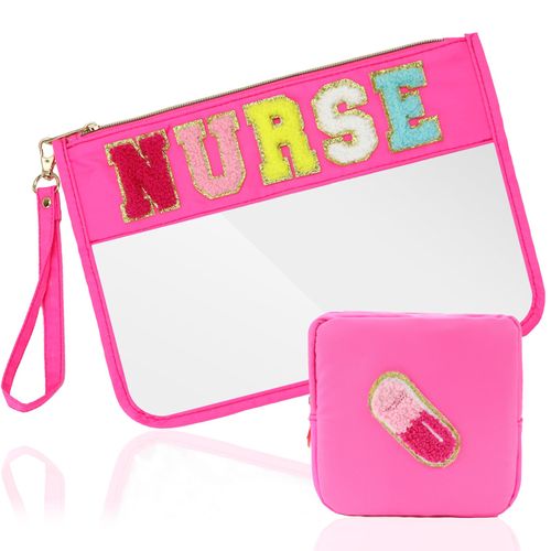 SUILU 2 Pcs Nurse Gift Clear Makeup Bag with Chenille Letter Patch,with Handles PVC Waterproof Clear Makeup Bag,Portable Toiletry Storage Bag for Girls