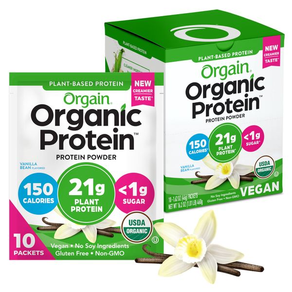 Orgain Organic Vegan Protein Powder, Vanilla Bean - 21g Plant Protein, 5g Prebiotic Fiber, Low Carb, No Lactose Ingredients, No Added Sugar, Non-GMO, For Shakes & Smoothies, 10 Travel Packs