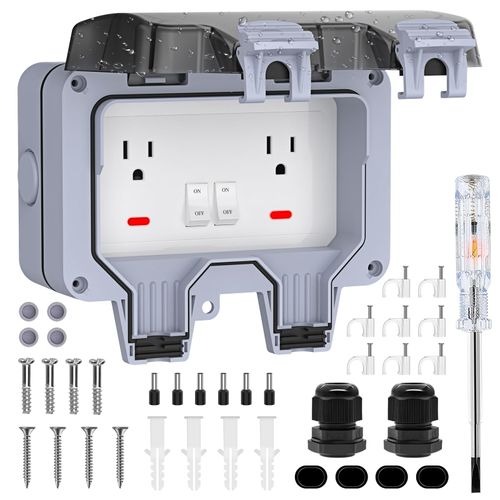 Double Outdoor Outlet with Cover Waterproof Outdside Plug Socket IP66 Weatherproof Exterior Wall Electrical Box with Switch Indicator Light Screwdriver 2-Gang Power Outlet for Wet Garden Swimming Pool
