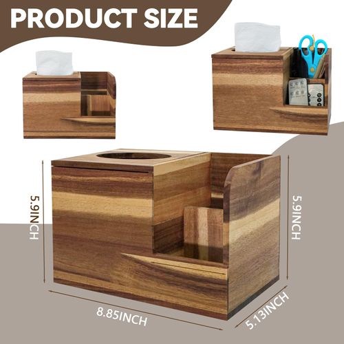 yesaior Acacia Wood Tissue Box Cover Square, Decorative and Multifunctional Square Wooden Nightstand Organizer, Tissue and Remote Control Holder for Bathroom, Bedroom, Dinner Table, Office