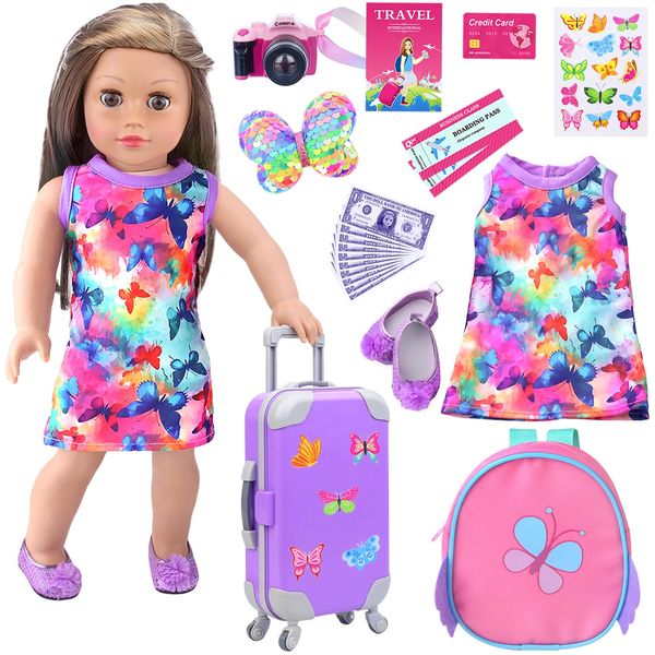 AK KYC American Doll Clothes and Accessories 18 Inch Doll Playset with Suitcase, Dresses, Shoes, Backpack and Other Doll DIY Butterfly Stuff for Girl Doll Gift Present for Children (NOT Includ Doll)